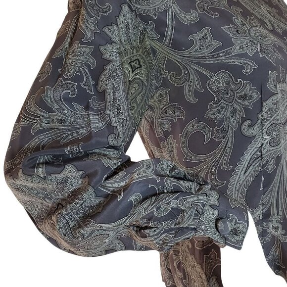 1980s Gray Silk Blouse Jones NY Petite Top Paisley Cover Button Collared Women 6 - Picture 9 of 10